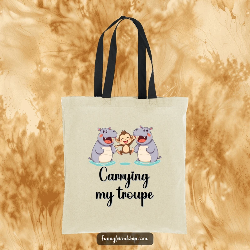 Funny tote bag with a joyful monkey leaping between two friendly hippos, a whimsical and humorous illustration of animal acrobatics and friendship.