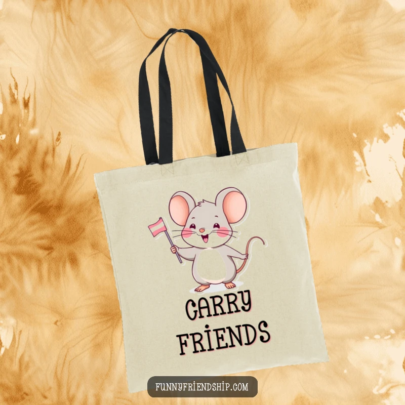 Funny tote bag showcasing an enthusiastic mouse character waving a miniature friendship flag, perfect for carrying everyday items.