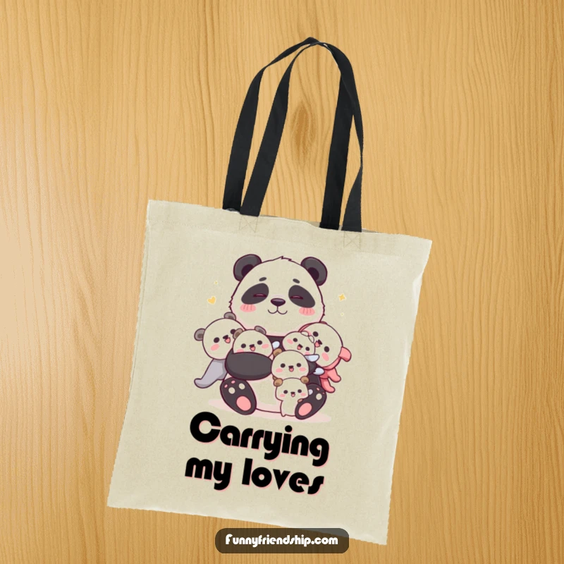 Funny panda tote bag with a cuddly panda joyfully hugging smaller characters, perfect for carrying essentials with humorous charm.