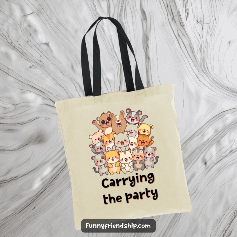 Funny tote bag featuring a diverse group of cheerful animal characters celebrating, a practical and fun accessory for any event.