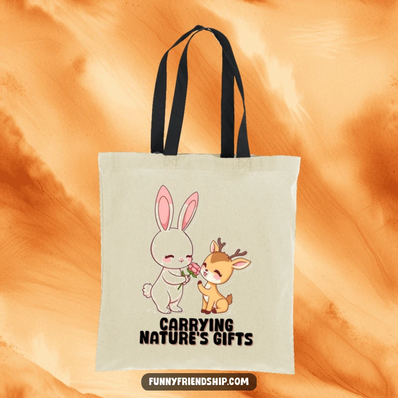 Funny tote bag featuring a rabbit offering a flower to a deer, perfect for carrying essentials with a touch of humor.