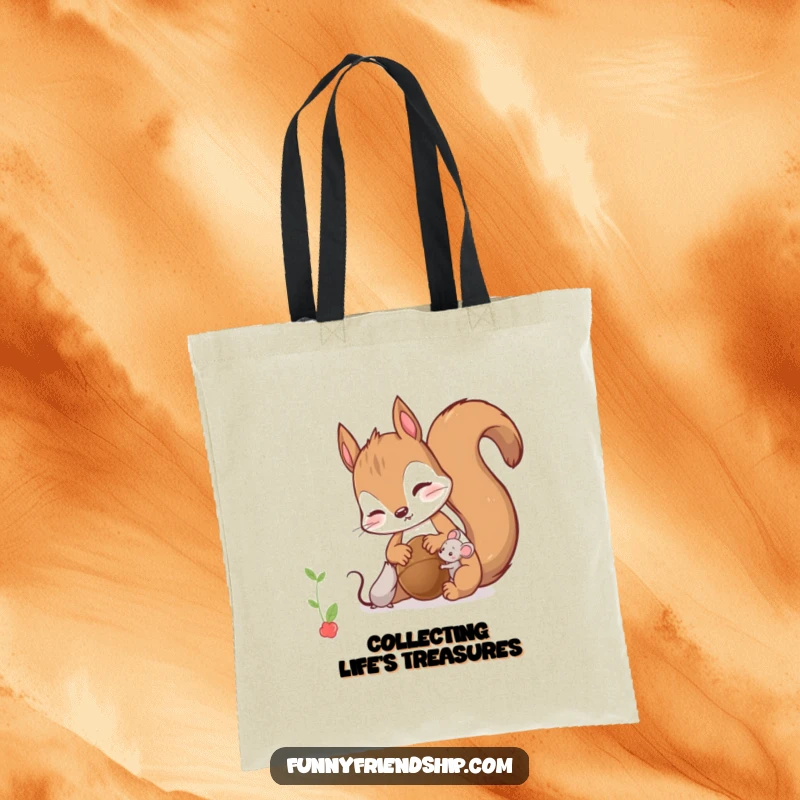 Funny Tote Bag: Curious squirrel character sharing a nut with a tiny mouse, symbolizing friendship and sharing.