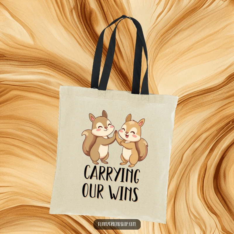 Funny tote bag with two squirrels high-fiving in celebration, perfect for carrying winning spirits.