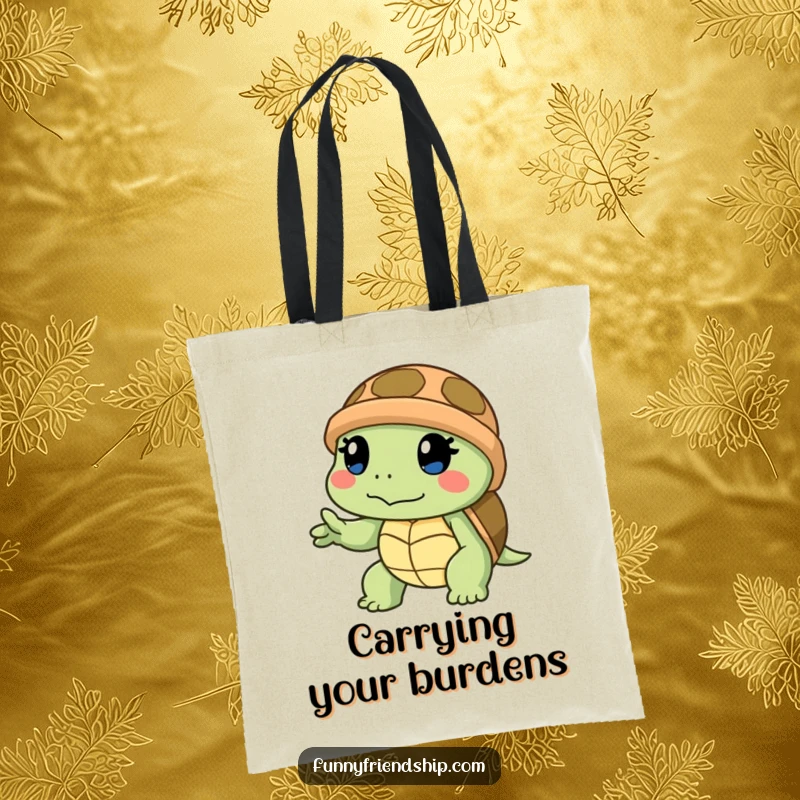Funny tote bag showcasing a determined turtle slowly offering a helping hand, perfect for carrying items with a message of support.
