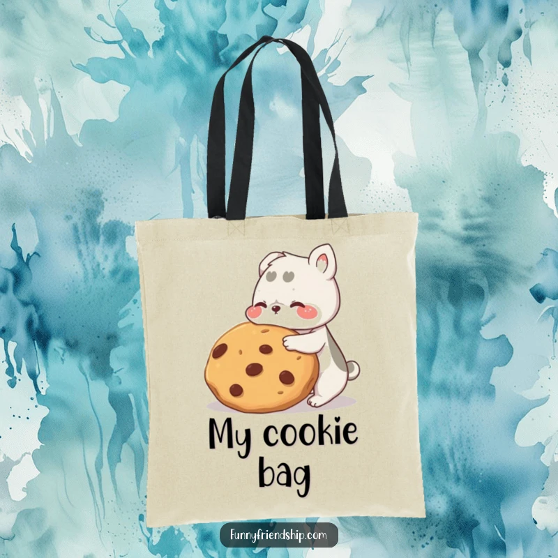 Funny animal friends tote bag, two adorable characters sharing a large cookie, highlighting friendship and sharing with a humorous touch.