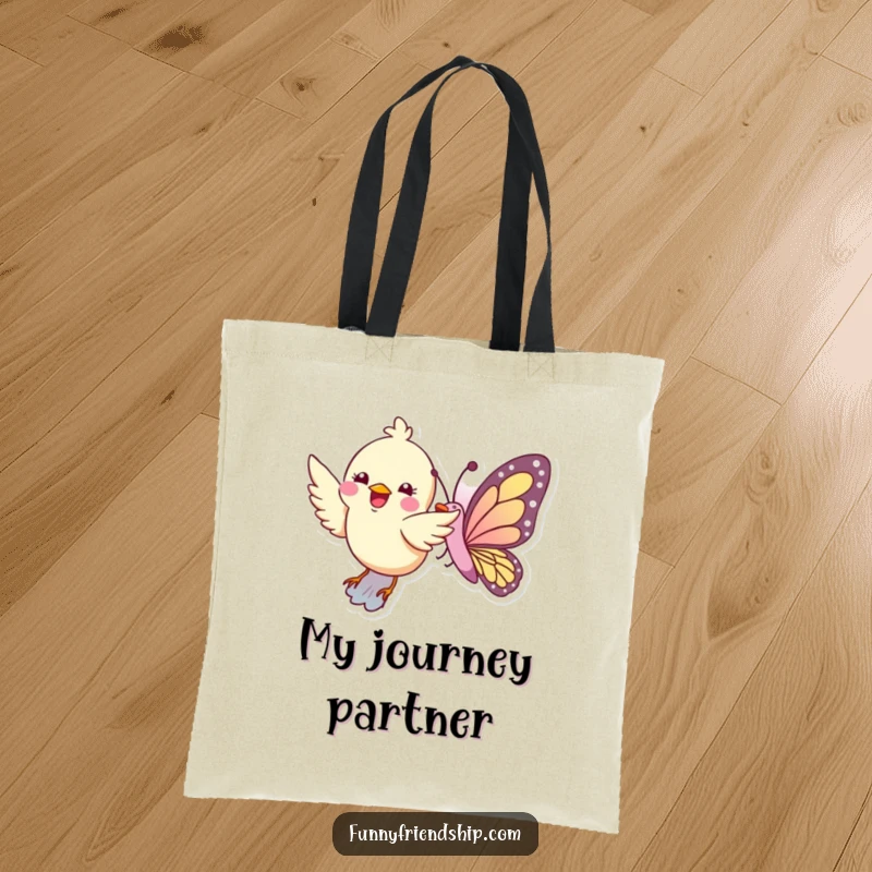 Funny tote bag featuring a bird and butterfly flying side-by-side, perfect for errands and nature enthusiasts.