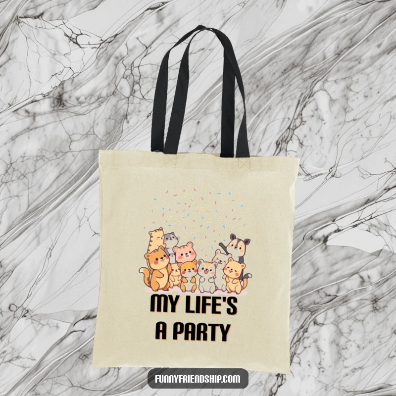 Funny Tote Bag: Diverse animal characters tossing confetti at each other, a humorous and practical accessory for party animals.