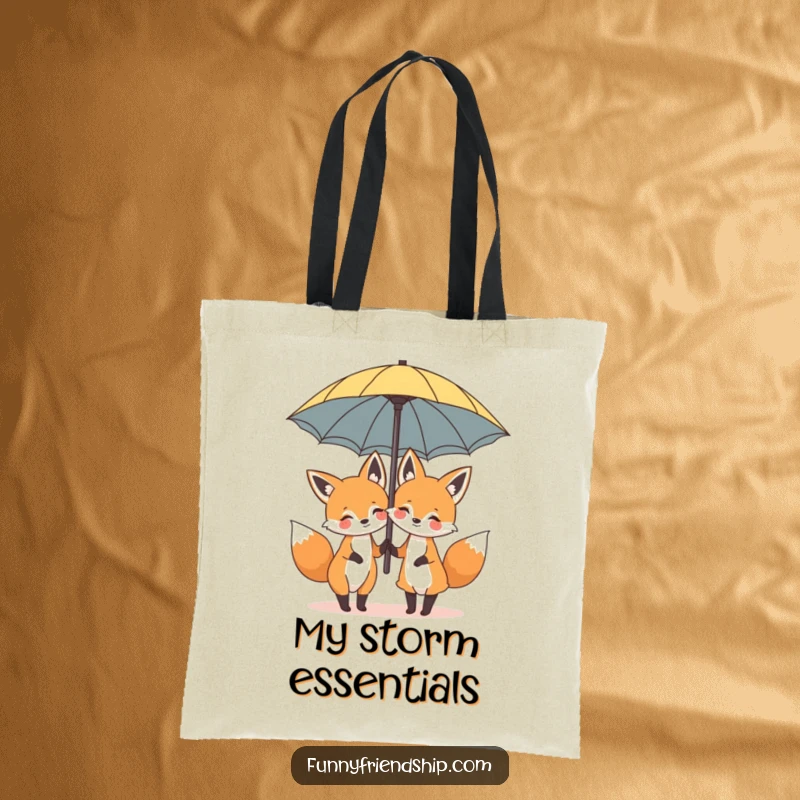 Funny tote bag featuring two cheerful cartoon foxes sharing a large umbrella, perfect for carrying daily items humorously.