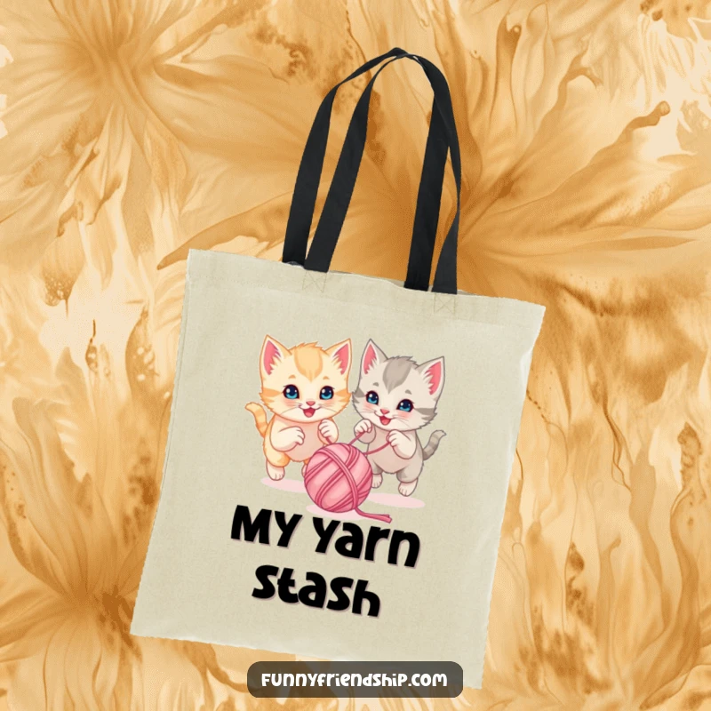 Funny playful kittens chasing a bouncing ball of yarn together on a durable tote bag, a cute and functional cartoon accessory
