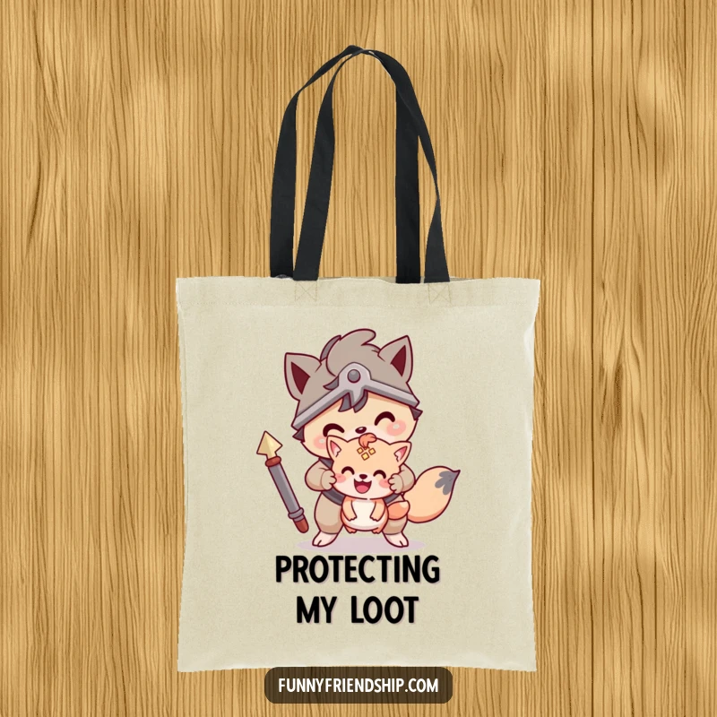 Funny tote bag with a brave animal character protecting a smaller friend, a symbol of strength and care for everyday use.