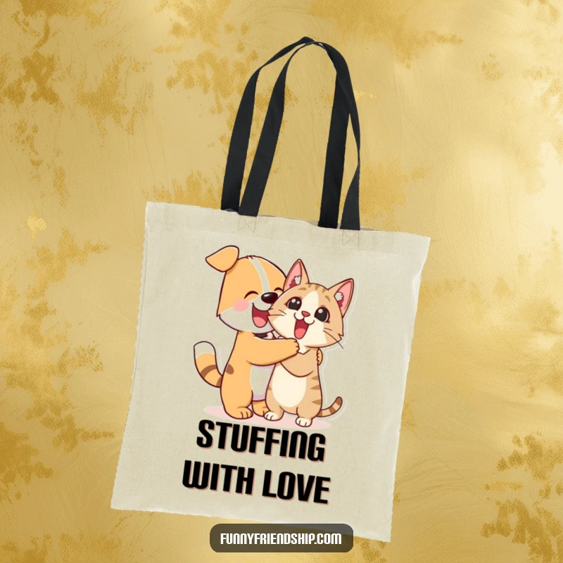 Funny Tote Bag: Enthusiastic dog character hugging a surprised cat character, a humorous and practical accessory for pet lovers.