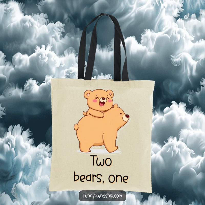 Funny Tote Bag: A small bear giggles riding piggyback on a larger bear, perfect for carrying essentials with humorous charm.